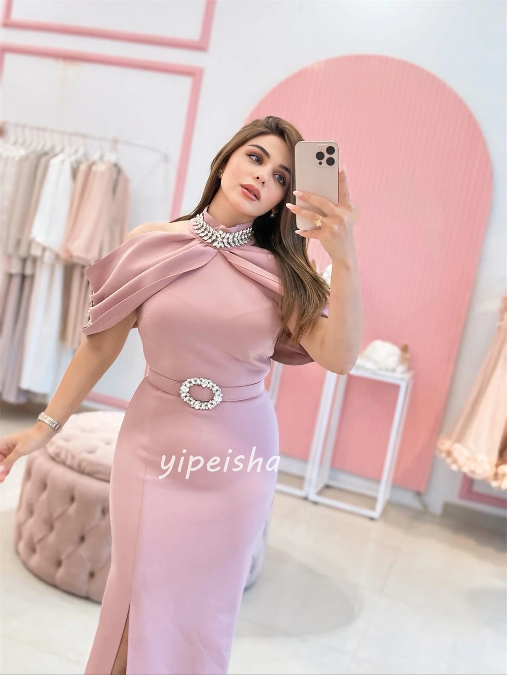 Индивидуальный современный стиль, элегантный трикотаж со стразами, плиссированная колонна, длинные платья с высоким воротником, платья на заказ, доступны размеры