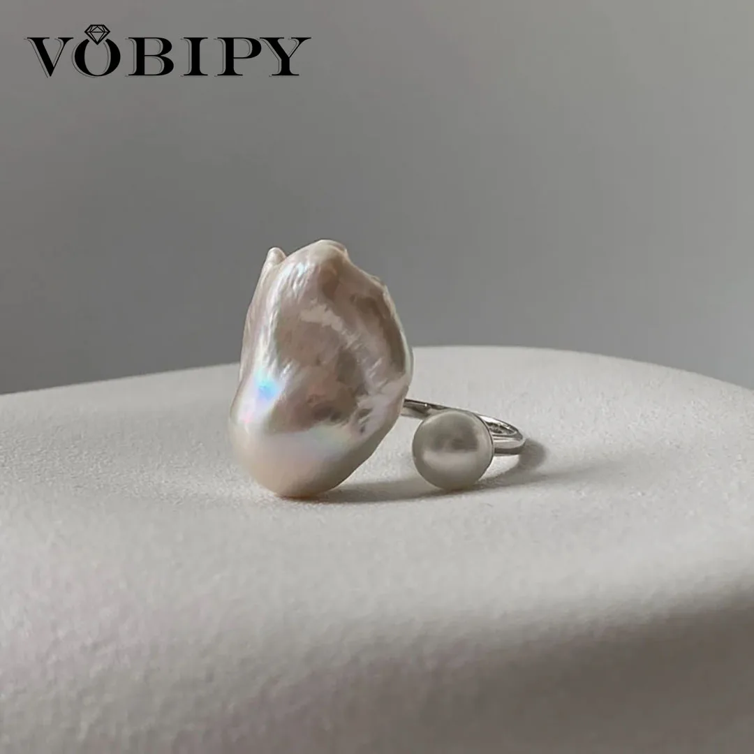 

VOBIPY Baroque Pearl Ring 20mm Natural Freshwater Pearl Adjustable Opening Ring Large Exaggerated Pearl Jewelry Gift for Women