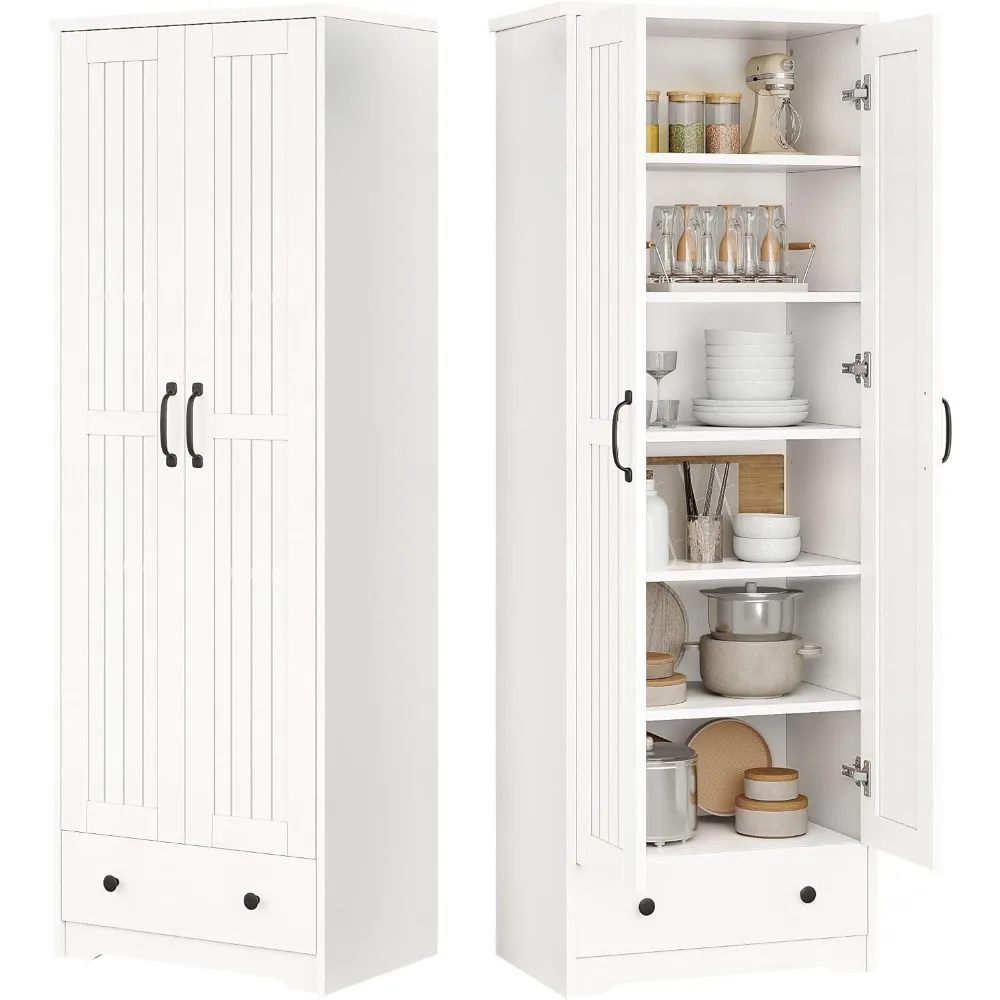 

70" Tall Storage Cabinets, Large Wood Storage Pantry Cabinet With 6 Adjustable Shelves, 2 Striped Doors & Drawer, Standing Utili