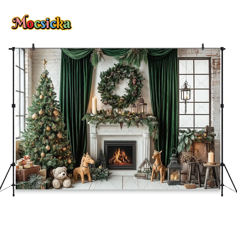 Vintage Christmas Fireplace Background Photography Green Curtains Wreath Xmas Tree Gifts Room Backdrop Kid Winter Birthday Photo