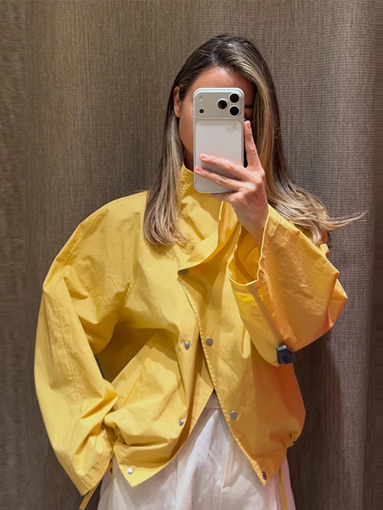 Stehkragen-Jacke mit Seitenverschluss und Kordelzug am Saum, Oversize-Jacke für Damen, Streetwear, Langarm, Einreihig, Lockerer Mantel, Neue Damen-Oberbekleidung – Detail 12