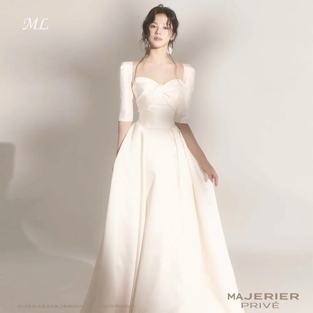 

ML Princess Wedding Party Dress Sweetheart Half Sleeves Ivory Satin A-Line Korea Photo shoot Bridal Reception Gown Custom Made