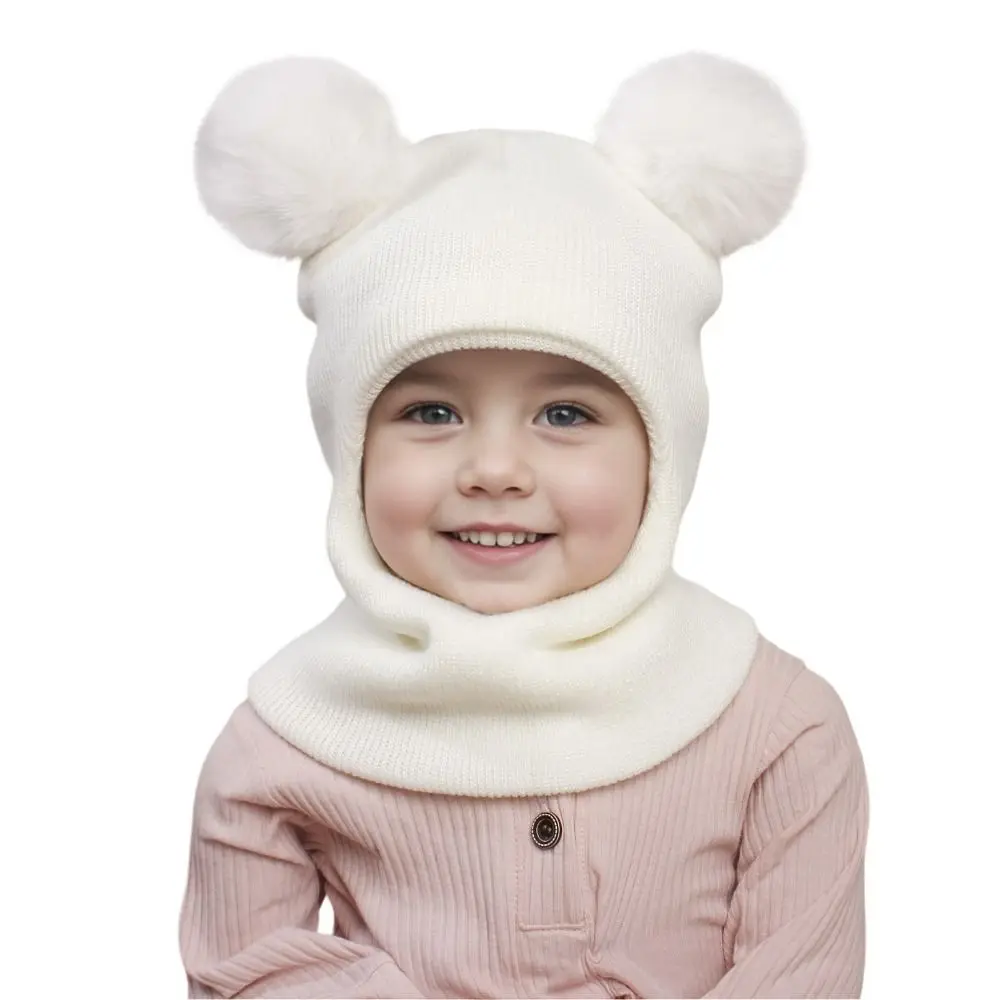 Autumn Winter Balaclava Hats For Children Double Balls Ear Protection One-piece Hat Scarf Cute Pompom Ball Boys Girls Cap