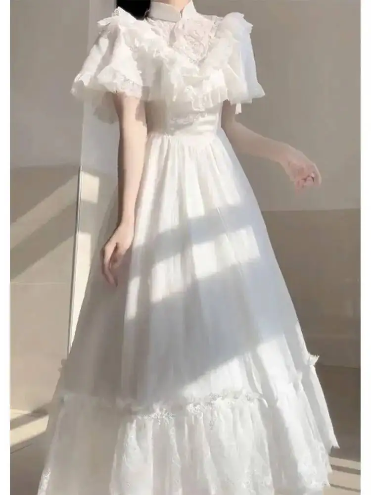 كوس استراحة الشاي الفرنسية لطيف نمط الأبيض فقاعة كم فستان الأطفال الصيف فستان الأميرة الأبيض فستان خمر القديمة