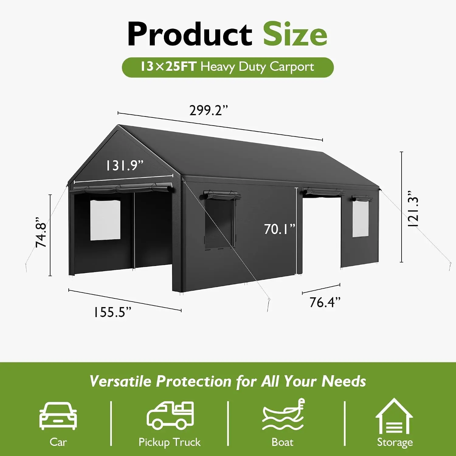 Portable Garage Tent with Roll-Up Windows and Doors, Enclosed Car Port with Galvanized Frame for Car, SUV, Truck, Boat