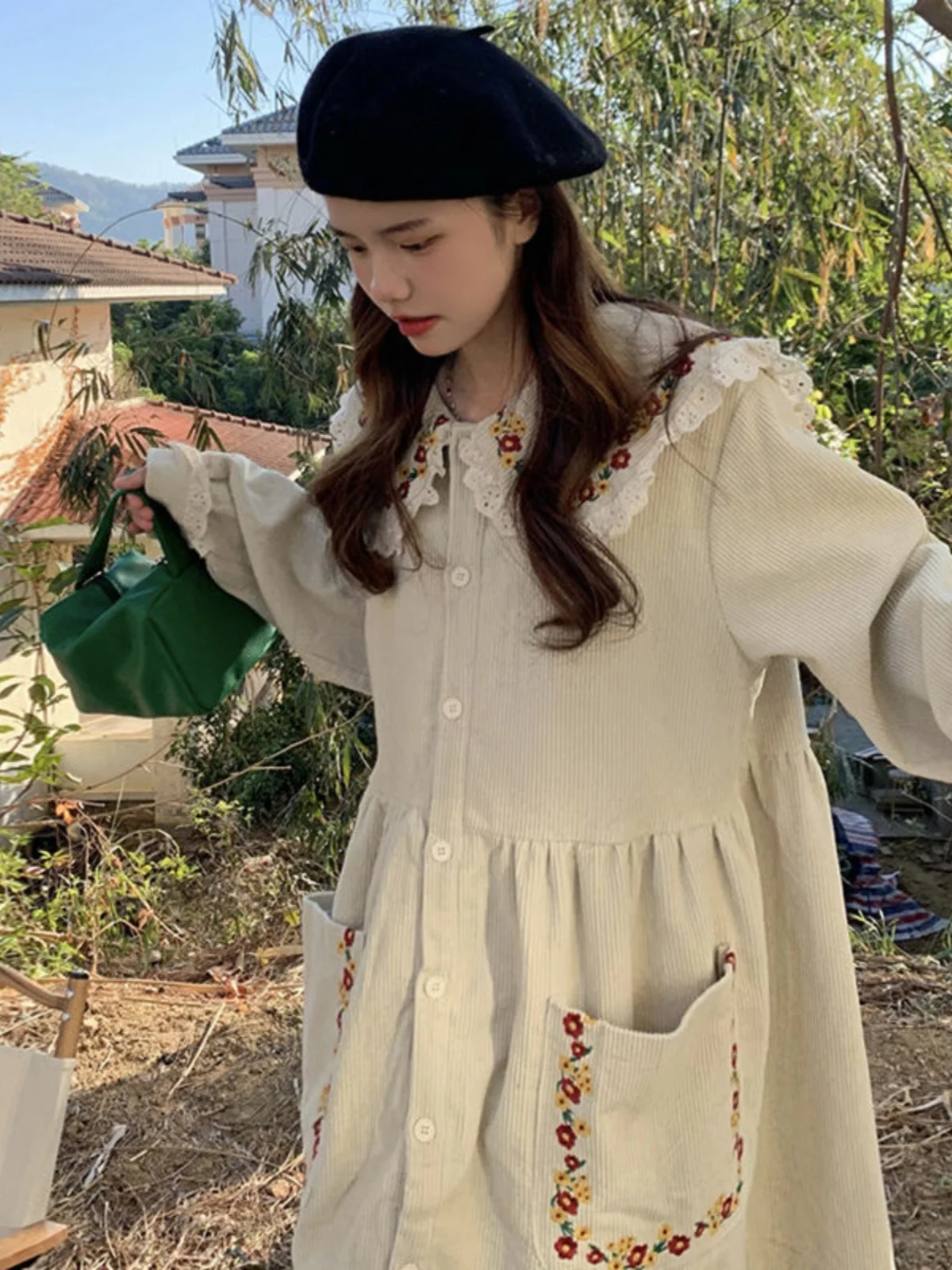 plus Size Korean Sle Loose Lace Trimmed Doll Collar Midi Dress Embroidered Corduroy Long Sleeve Straight Cut Vintage Dress