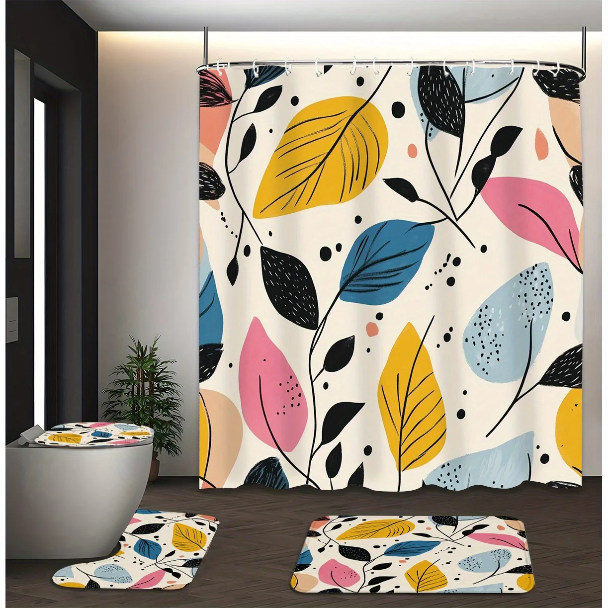 

4pcs Shower Curtain Set, Beautiful Multicolor Leaf Pattern, Modern Bathroom Decor 71inch*71inch*/180cm*180cm Includes 12 Hooks