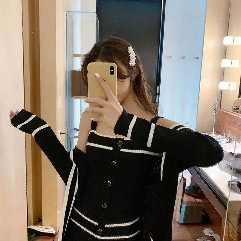 Fashion Contrast Stripe Lapel Cardigan Pocket Top+high-waisted Ankle-length Pants Knitting 2-piece Suit Female Sports Sets N704