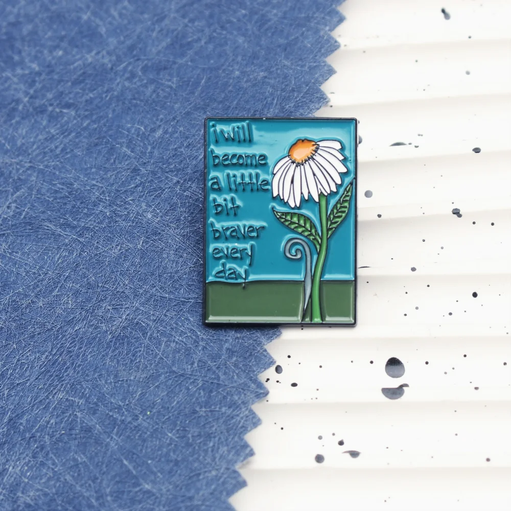 Elegant Enamel Daisy Badge with Inspiring Quote, Cute Square Lapel Pin for Apparel Accessory