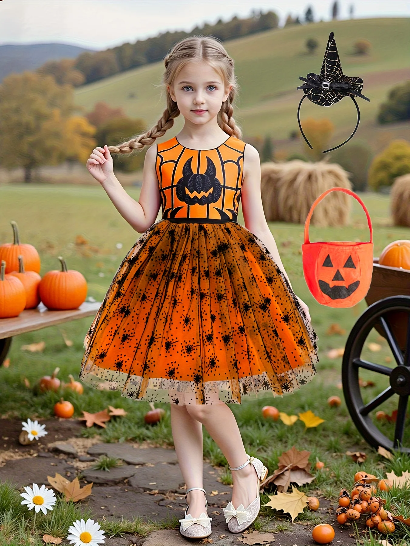 

Сетчатая юбка без рукавов для девочек на Хэллоуин, детский праздничный костюм (повязка для волос + сумка), комплект из 3 предметов