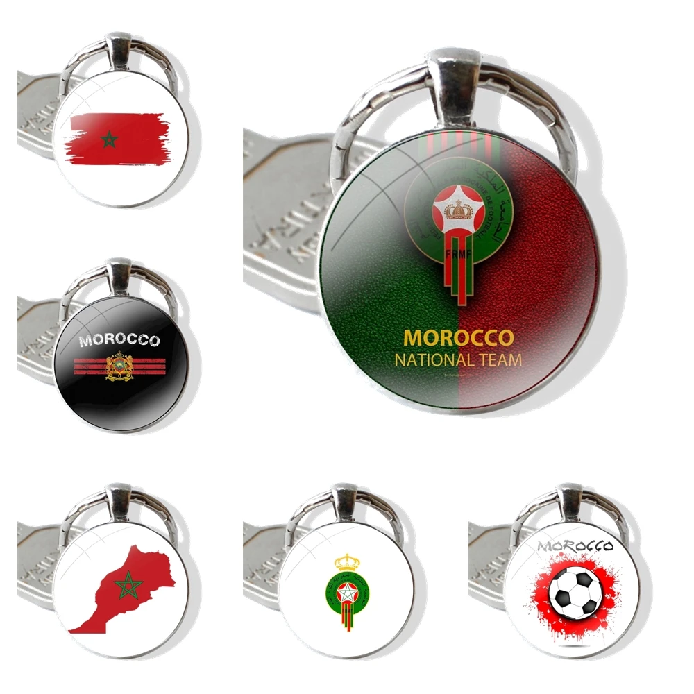 Keychain Handmade Glass Cabochon Key Ring Holder Pendant Key Chains Morocco Soccer football flag