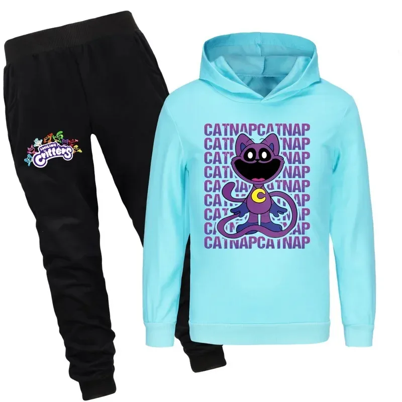 

Толстовка с улыбающимися животными, толстовка для мальчиков, толстовка с кошачьим ворсом для девочек, толстовки с капюшоном, брюки, 2 шт., детские повседневные спортивные костюмы, детская одежда