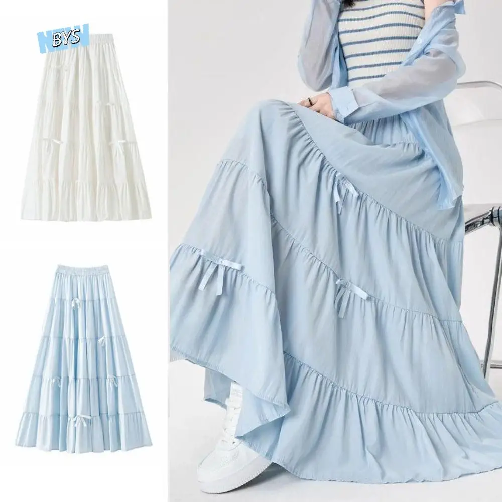 

Fashion Bowknot Tiered Midi Skirt Pleated Hight Waist Long Cake A-line Skirts Chic Solid Color Seven Point Long Dress Chic