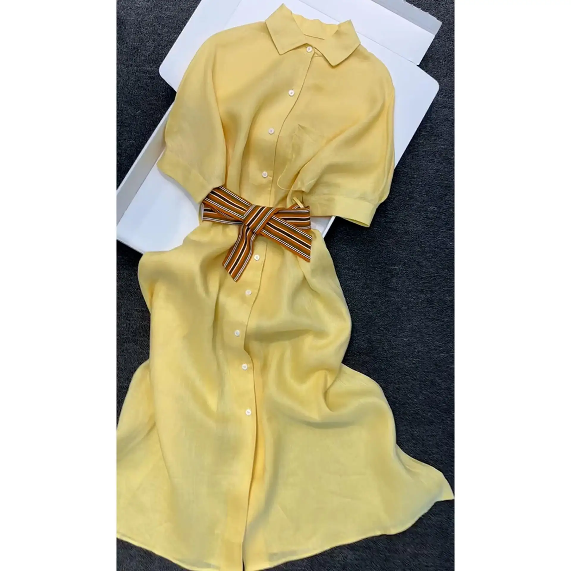 Ele Yellow  Collar Cotton Linen ort Sve Dr Summer High Waist A-Line Skirt Sle Women's Faion Dr