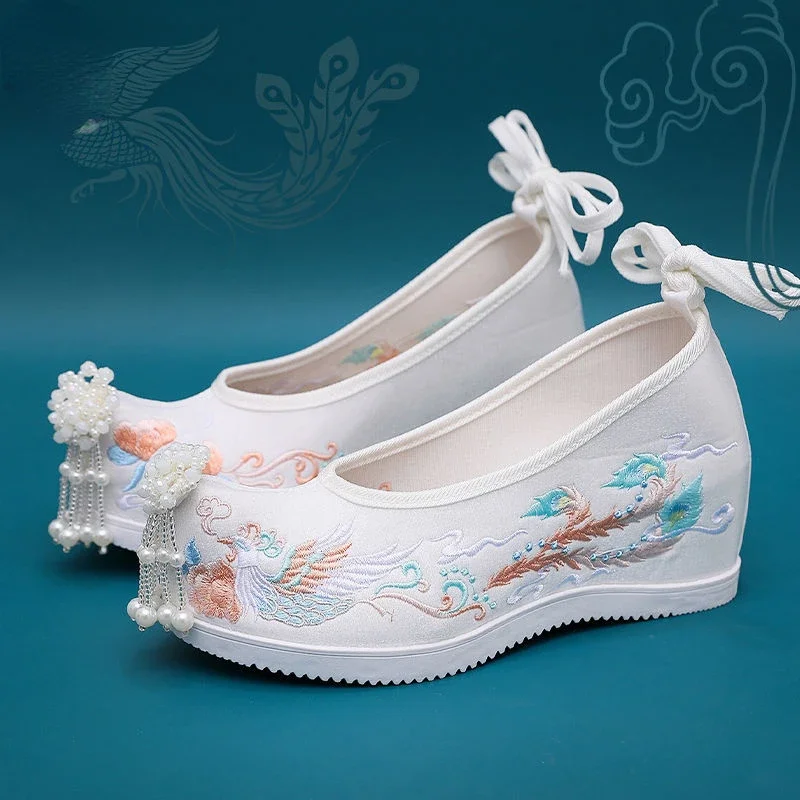 Embroidered Hanfu Canvas Shoes Women Internal Increase Ancient Fairy Chinese Style Lace-up Cloth Shoes Wedding Hanfu Shoes