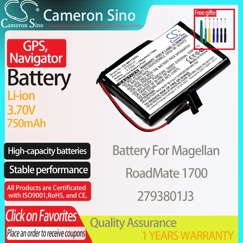 CameronSino Battery for Magellan RoadMate 1700 fits Magellan 2793801J3 GPS,Navigator battery 750mAh 3.70V Li-ion Black