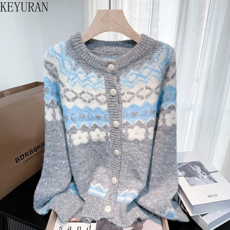 

Вязаный свитер в стиле ретро, женский новый осенне-зимний винтажный цветной блок с геометрическим узором, длинный рукав, круглый вырез, открытый кардиган, куртки