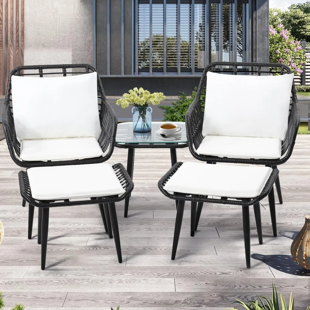 Outdoor Wicker Chairs and Table Bistro Conversation Furniture Set, 5 Pieces with Ottoman for Porch, Balcony, Deck, Patio