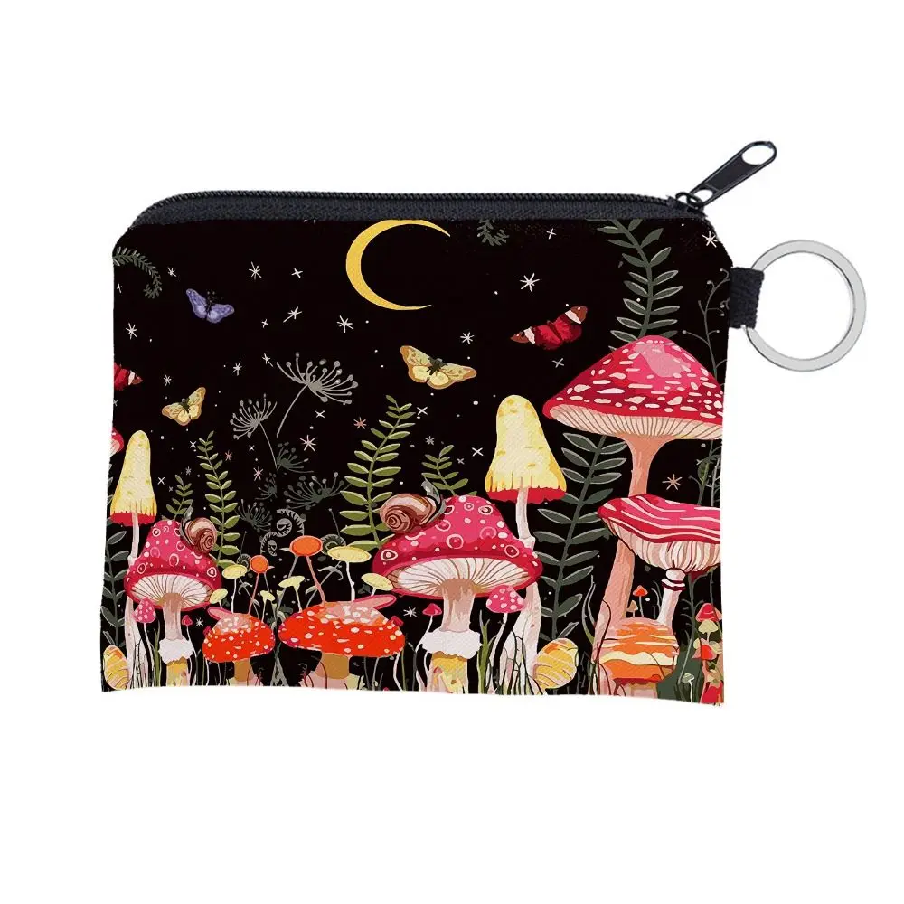 Portable Mushroom Print Cosmetic Bag Large Capacity Zipper Travel Storage Bag Polyester Coin Purse