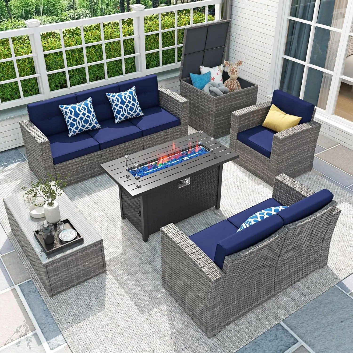 9 Piece Patio Conversation Sets - Wicker Patio Couch Set with Fire Pit, Durable Handwoven Fabric, Fireproof Glass