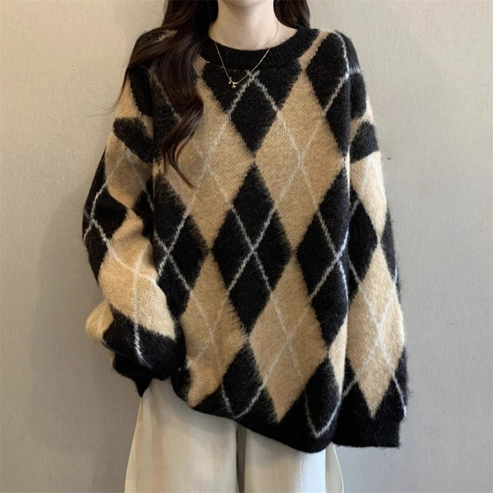 

Retro Contrasting Diamond Grid Pullover Sweater for Women's Autumn and Winter New Loose Knit Sweater Top