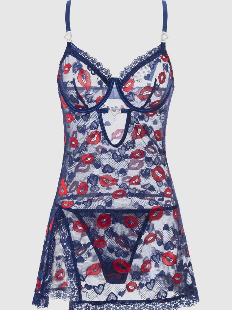 

SsTss Sexy Red Lip& Heart Print Lingerie Set for Women Lace Trim Spaghetti Strap Cut Out Slim A Line Mini Nightdress with Panty