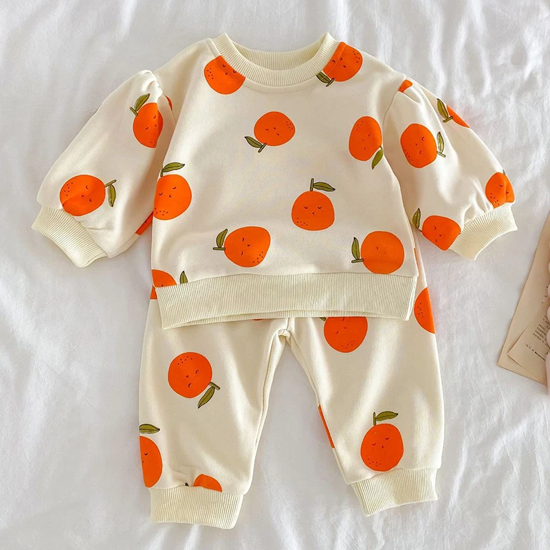 Infant Kids Baby Girls Boys Long Sleeve Fruit Orange Tops + Pants Clothing Sets Baby Girl Boy Children\'s Clothes Suit