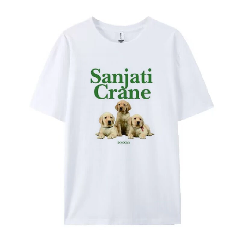 Sanjati Animal Cat and Dog Pattern Printed Short Sleeve Micro Elastic White Simple Round Neck Casual T-shirt Summer Fashion Top