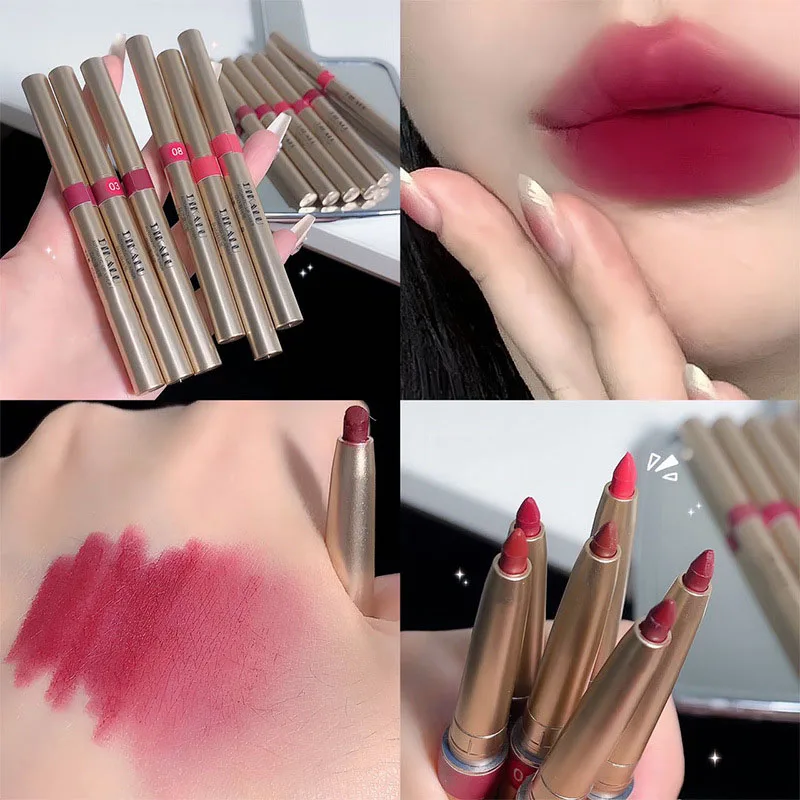 Lápiz labial rojo con rotación automática, lápiz labial de larga duración, resistente al agua, hidratante, maquillaje coreano