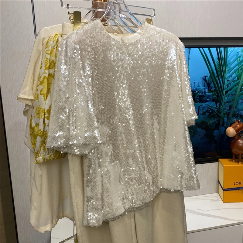 Fashionable Beaded Short Sleeve Spring New Arrival Shirt Bright Sequins Versatile Quality Street Style round Neck Five Sleeve...