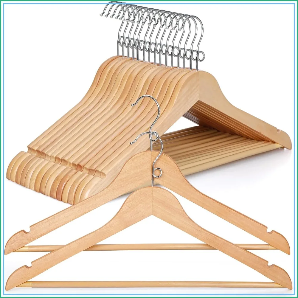 Paquete de 30 Perchas de Madera con Giro de 360 Grados ° Gancho Giratorio, Percha Ahorradora de Espacio, Barra Antideslizante para Pantalones y Muescas para Hombros para Trajes y Chaquetas