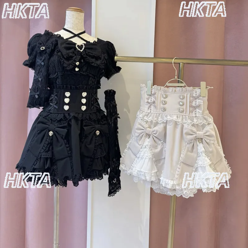 2026 Summer New Liz Skirt Japanese Style Love Buckle Double Bows High Waist Skirts Lace Patchwork Black Plaid Skirt for Women