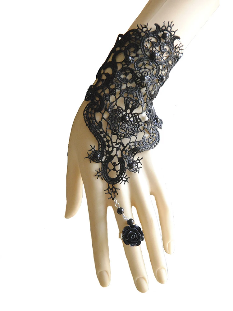 1pc Women Goth Rose Beads Flower Lace Slave Glove Adjustable Ring Long Bracelet