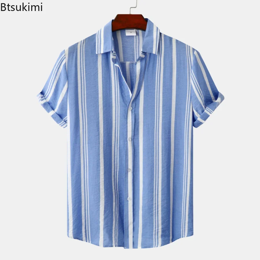 2024 Men's Summer Short Sleeve Shirt Striped Breathable Hawaiian Beach Male Shirts Turn-down Collar Button Casual Blouse For Men