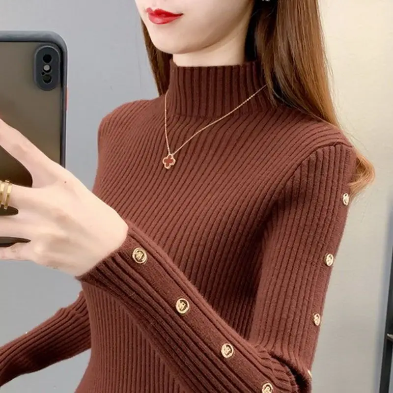 Autumn and Winter Women\'s Solid Half High Collar Long Sleeve Slim Sweaters Jumpers Button Screw Thread Fashion Casual Tops