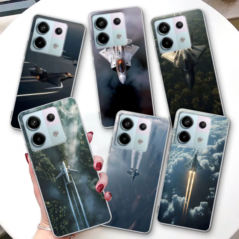 Transparent Case for Xiaomi Redmi Note 15 14 10 11 11S 13 9 12 Pro Plus 13R 8 9S TPU Phone Cover Futuristic Fighter Jet Flight