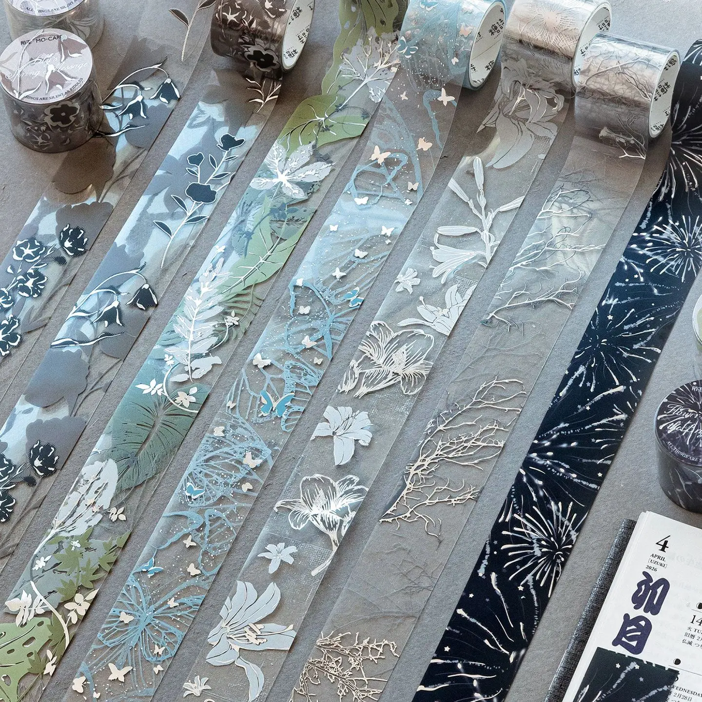 Morning Rain: All Things Are Silent Like a Mystery, Silver-Stamped Journal Tape, High-Aesthetic Plant and Flower Pattern, Transparent Waterproof Pet Stickers