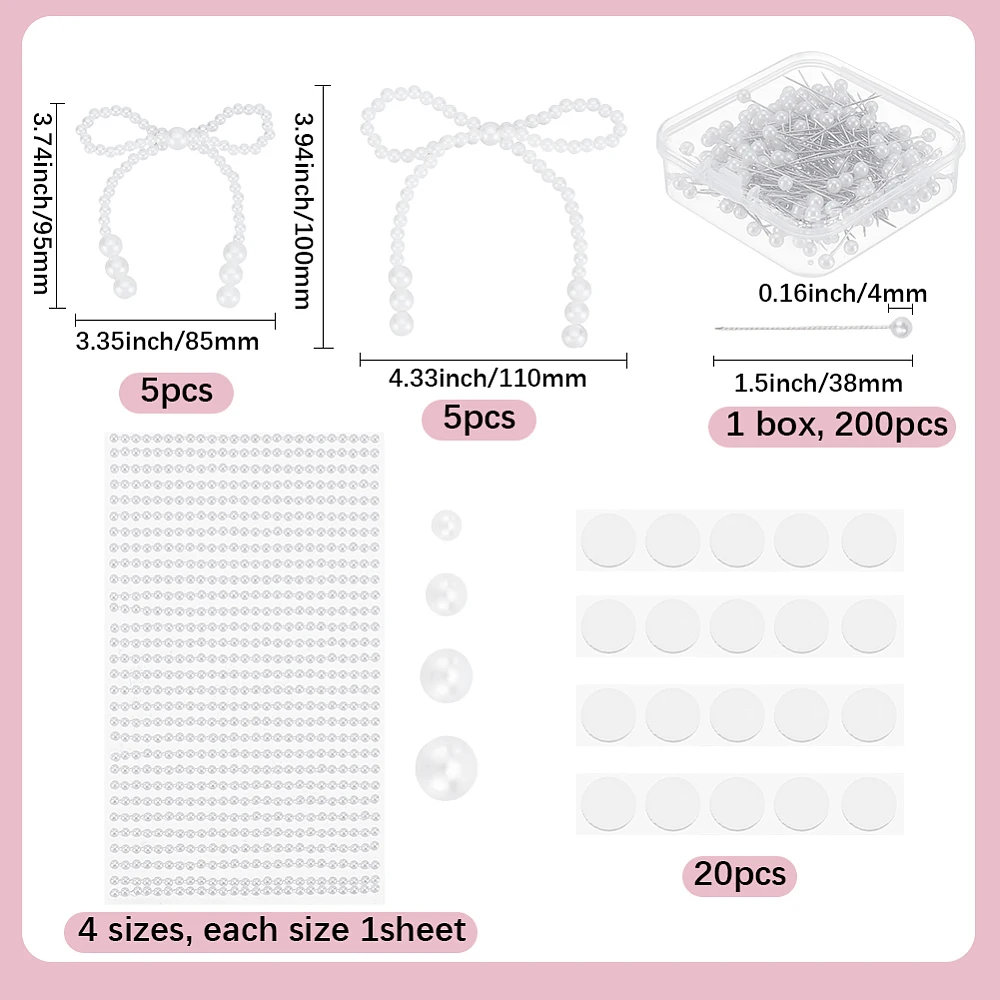 2 Styles 10Pcs White Pearl Ornament Pearl Toppers Bulk with Pins and Mini Cabochon Stickers Decorations for DIY Crafts Coquette