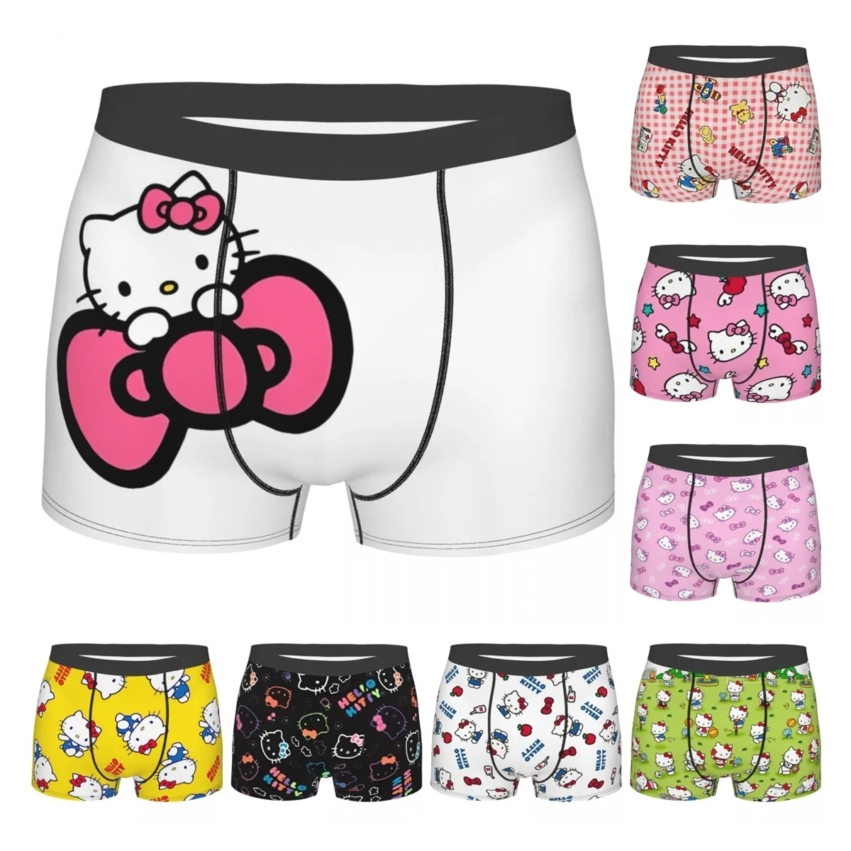 Men Cute Pink Hello Kitty Hold Bowknot Boxers Funny Gifts Underwear Shorts Men's Boxer Briefs Quilt Underpants Ultra Soft