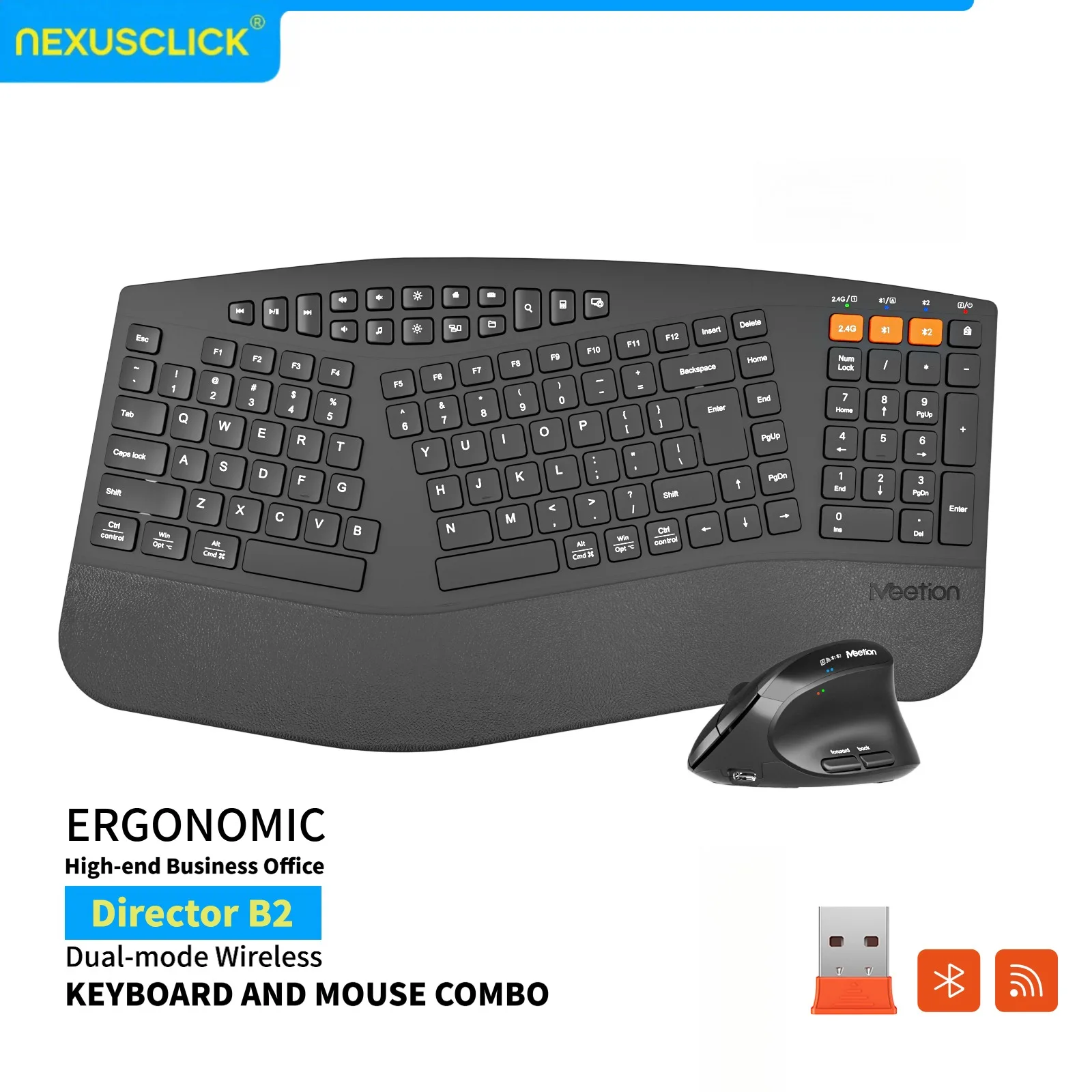 NexusClick Ergonomic Wireless Keyboard Mouse Combo,Split Keyboard,Vertical Mice,2.4G/BT,Type-C Rechargeable for Office PC Laptop