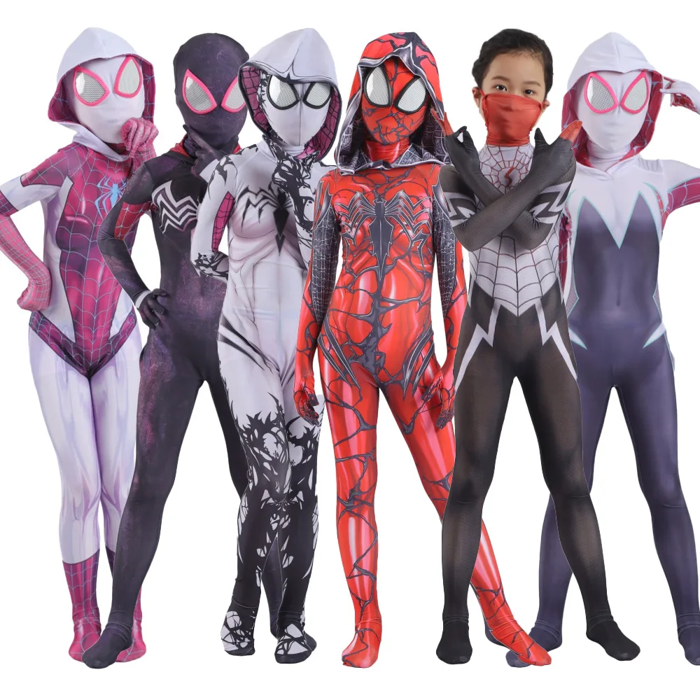Spider girls Gwen Stacy Spandex Overalls Jungen Mädchen Zentai Kostüm für Halloween Cosplay weibliche Spinnen anzug für Kinder Kostüme
