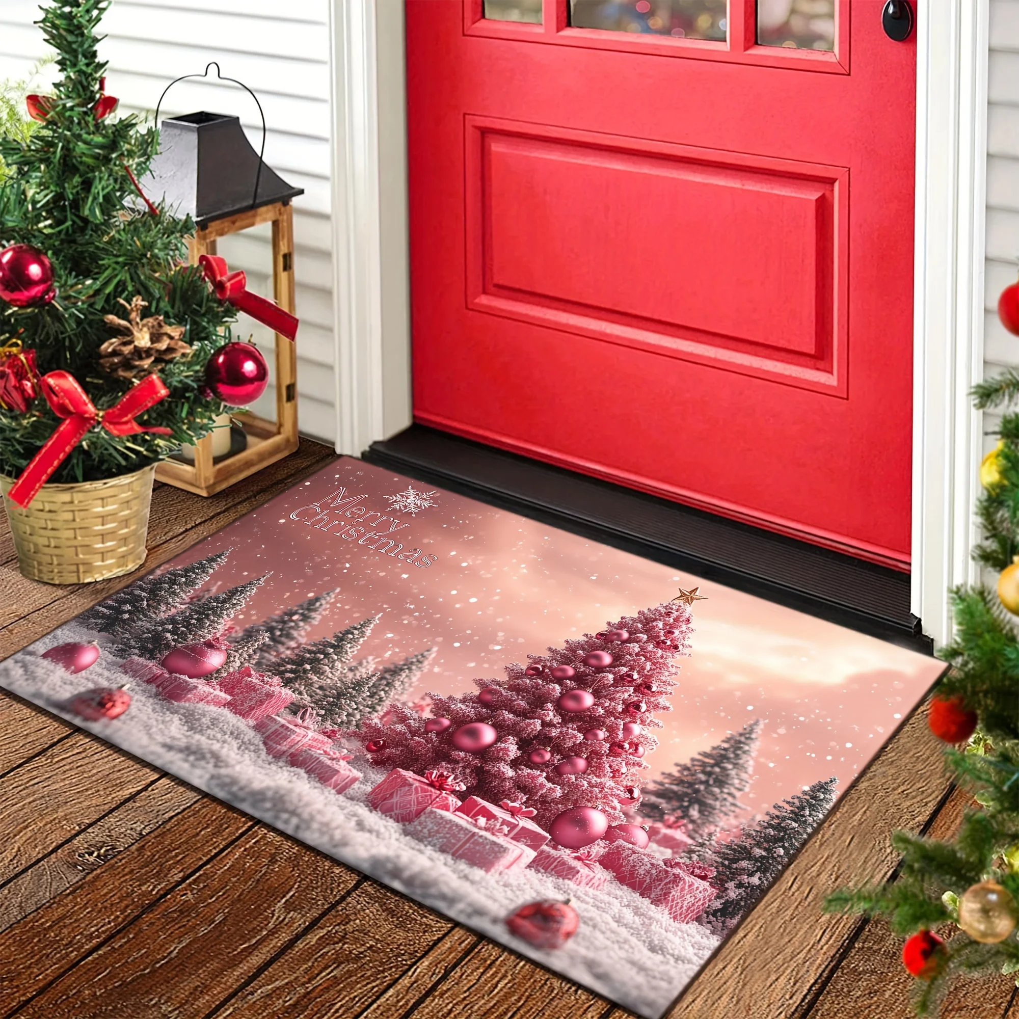 VIKAMA Pink Christmas Tree Welcome Doormat, Non-Slip and Machine Washable Holiday Home Decor, Snowflake Pattern