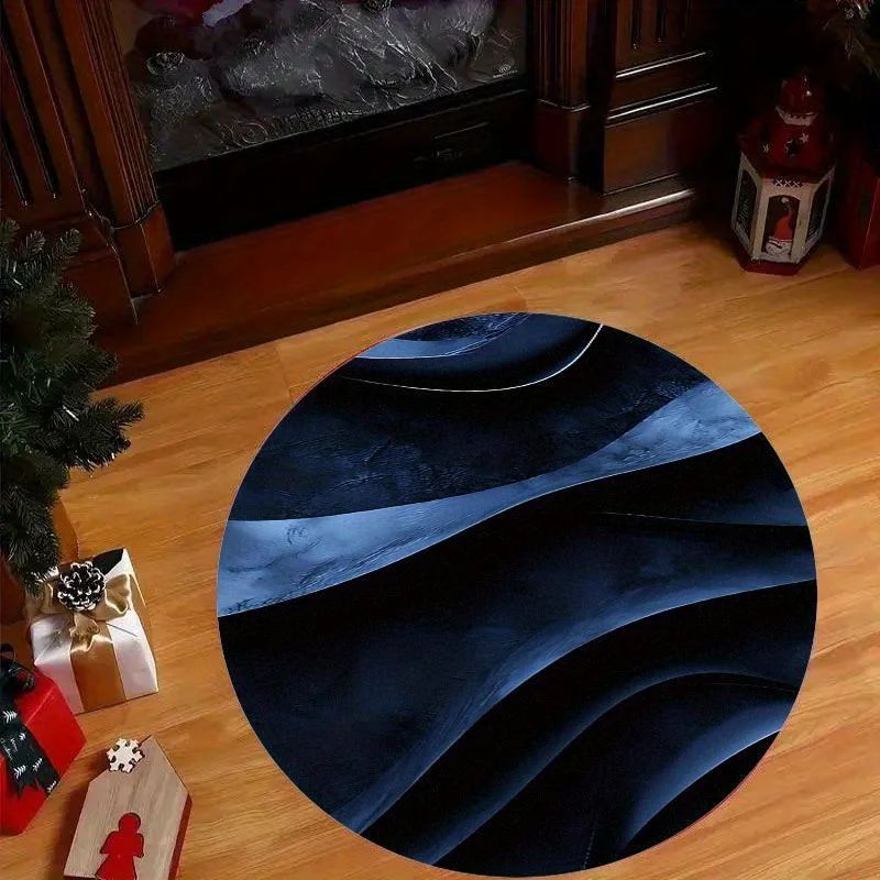 Abstract Wave Pattern Dark Blue Textured Round Rug Flannel Non Slip Luxury Living Room Bedroom Floor Mat Contemporary Art Decor