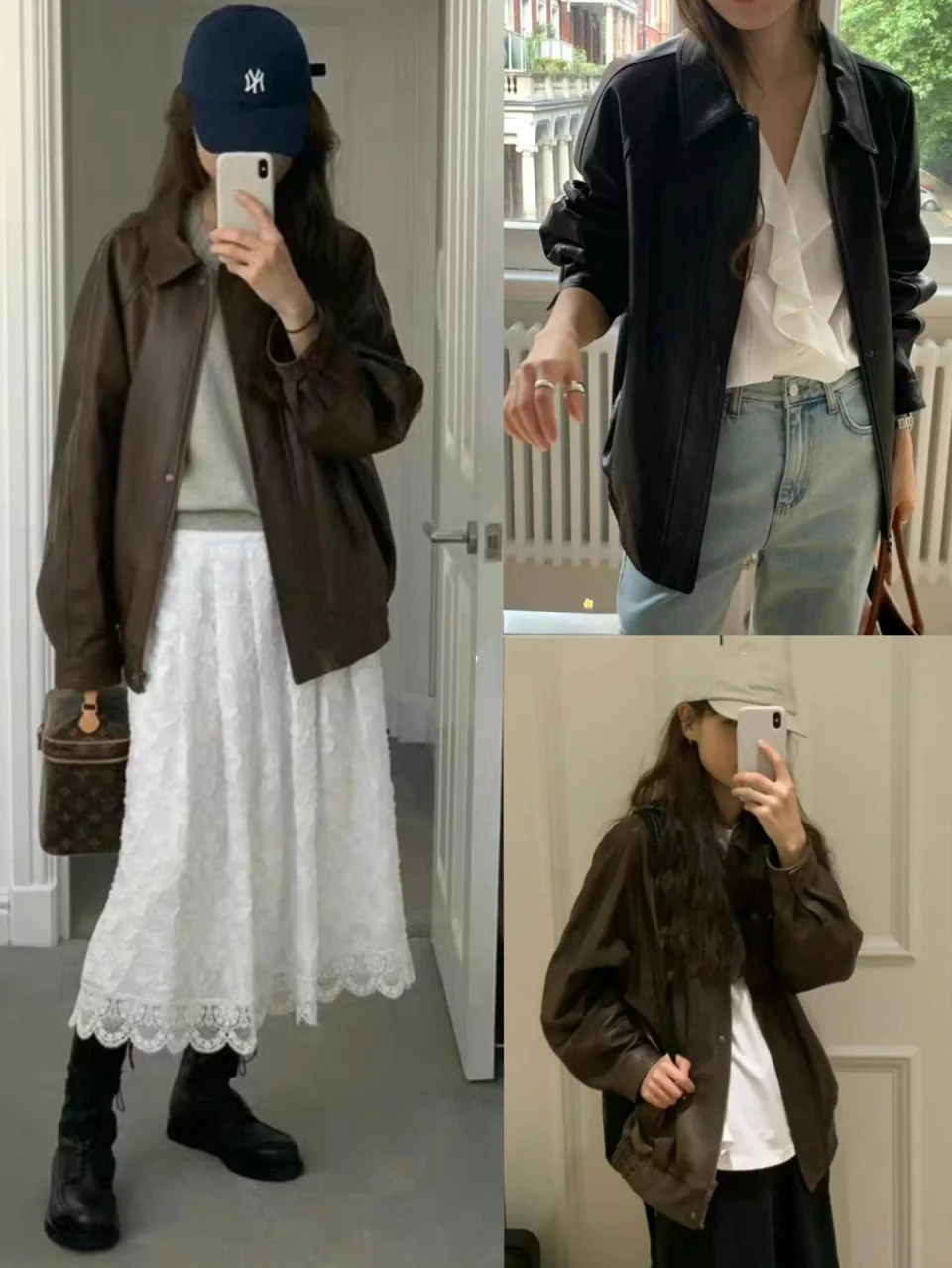 

Retro American Casual Style Quilted Leather Jacket Women's Coat Turn-down Collar Street Style Loose Fit Long Sleeve Short Length