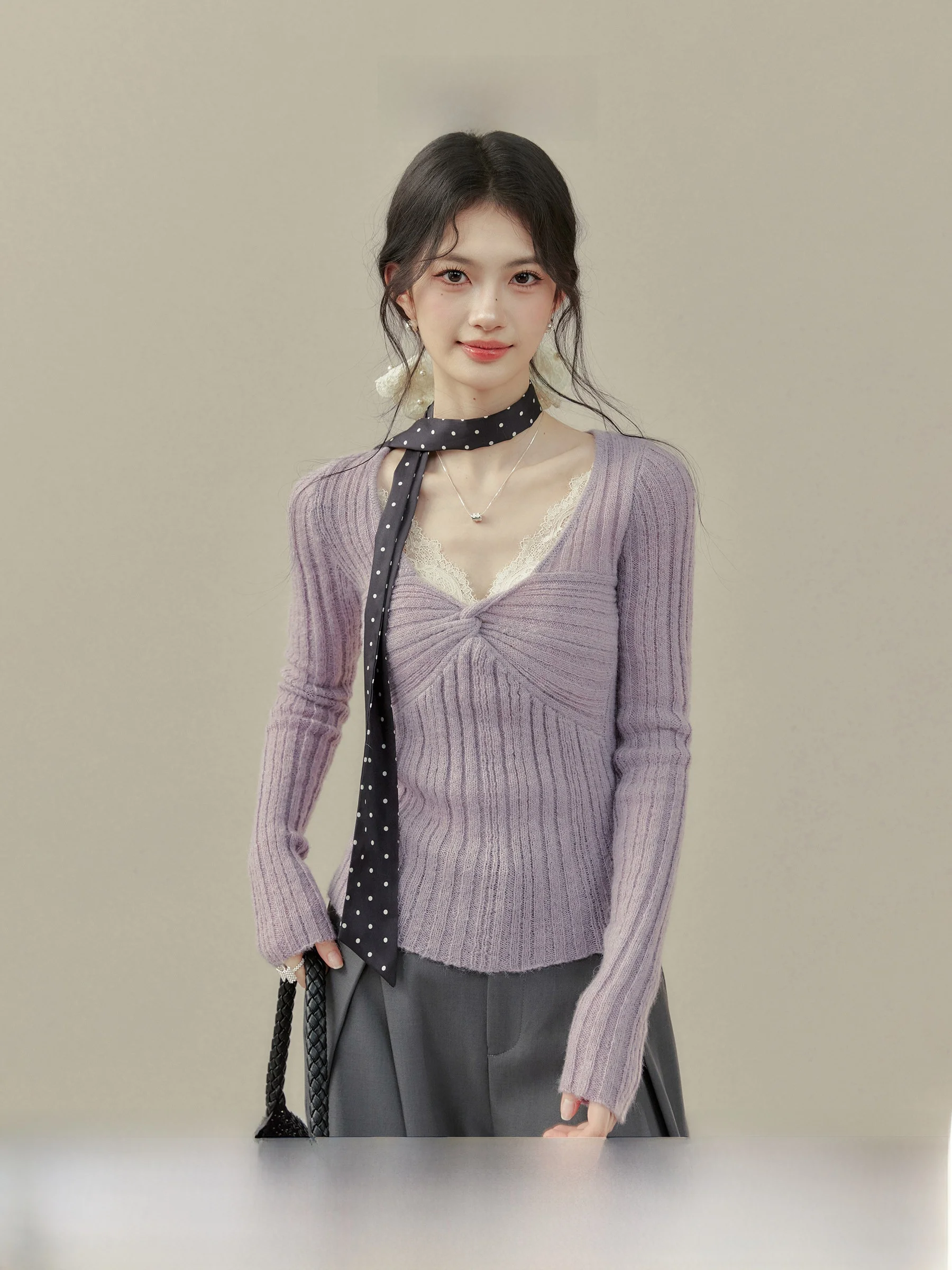 

Уникальный красивый фиолетовый вязаный свитер с V-образным вырезом и узлом, облегающий, для женщин, весна-осень, модный и стильный топ