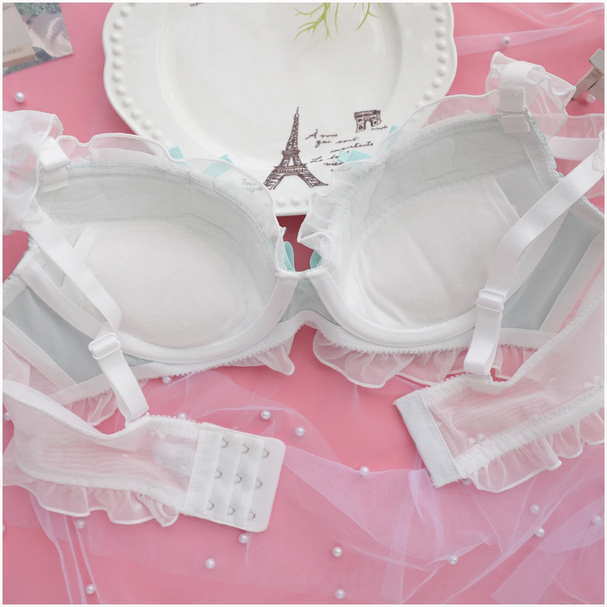 Fresh water-soluble college style underwear girls sweet and cute lingerie briefs three buckle gathered ladies bra set