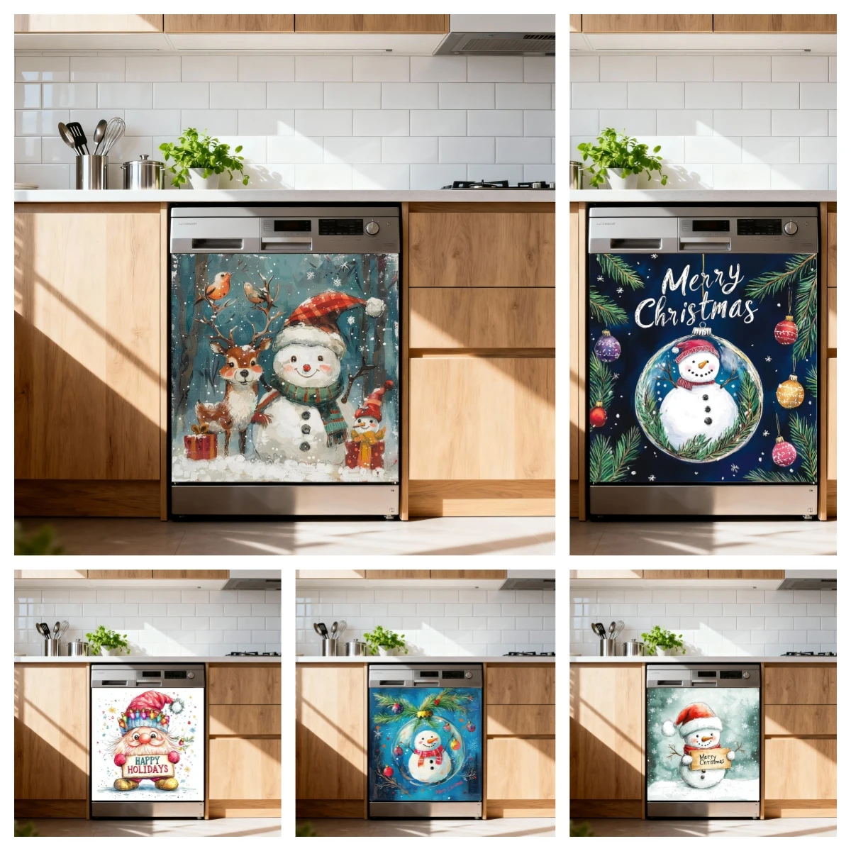 Christmas Snowman Dishwasher Sticker Art Poster Waterproof Self-Adhesive Mural Wall Oil-Proof Washing Machine Vinyl Stickers