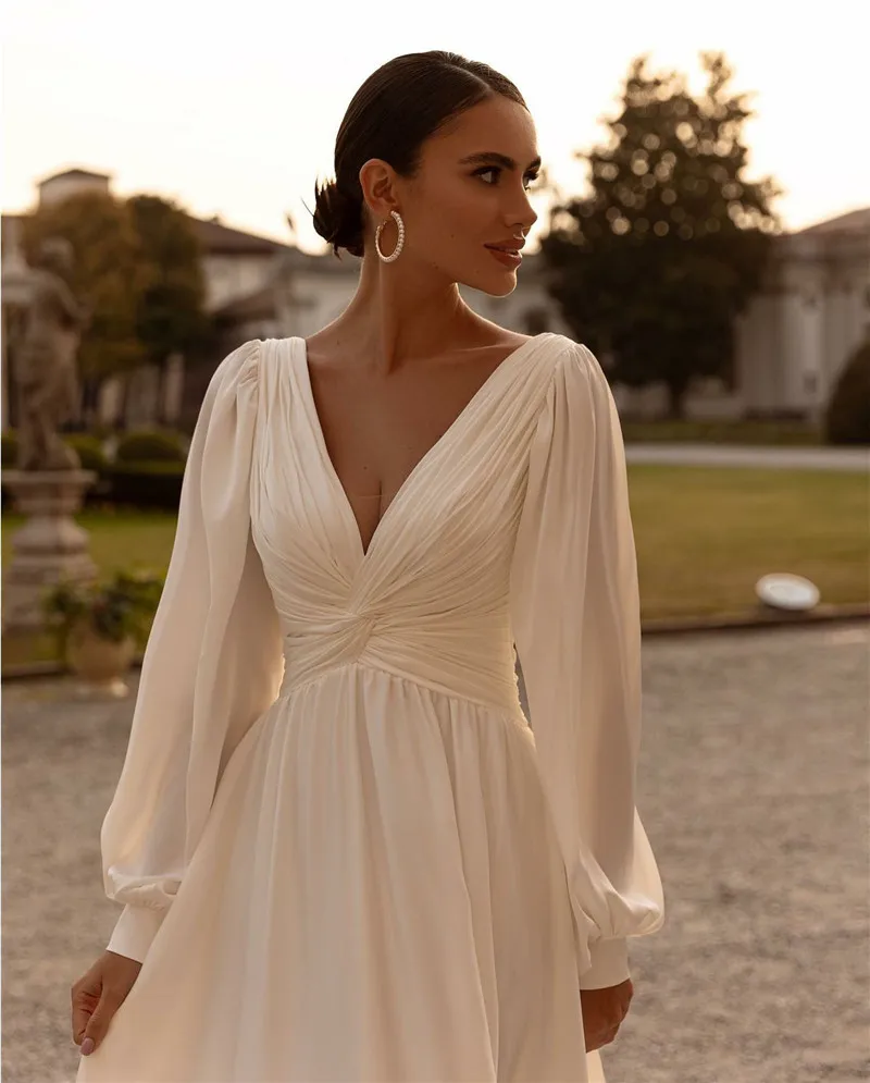 Boho gasa mangas largas una línea vestidos de novia por encargo barrido tren vestidos de noiva modernos 2023