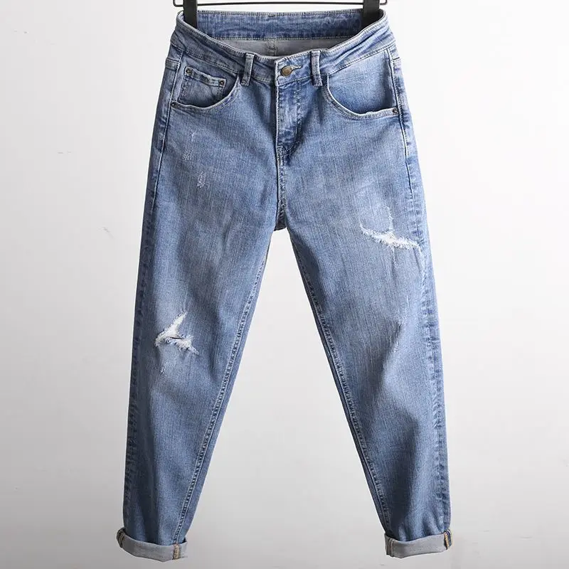 

Женские рваные джинсы с девятью точками, свободный крой, новинка 2025, модные тонкие брюки-шаровары с высокой талией большого размера для похудения с морковью