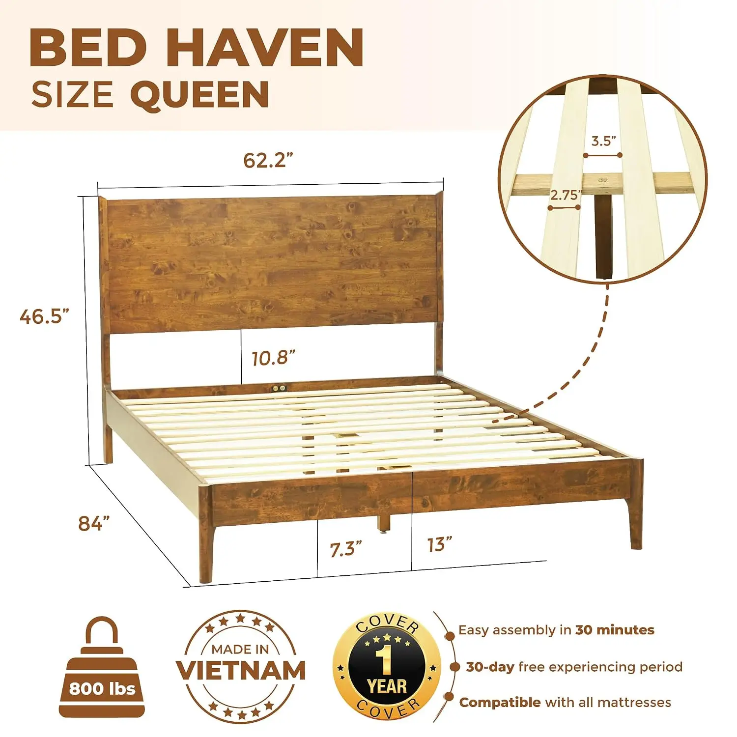Queen Bed Frame and Headboard, Platform Bed Frame Scandinavian Wood Bed Compatible with All Mattress, Customized